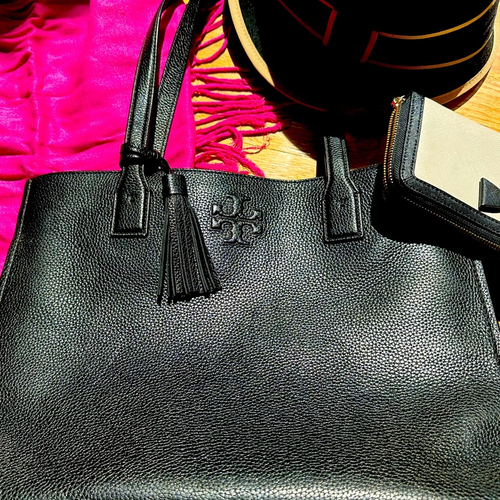Tory Burch Black Pebbled Leather Tote with Tassel Detail